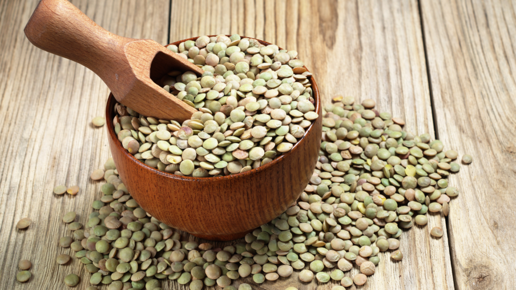 Green Lentils in wooden bowls