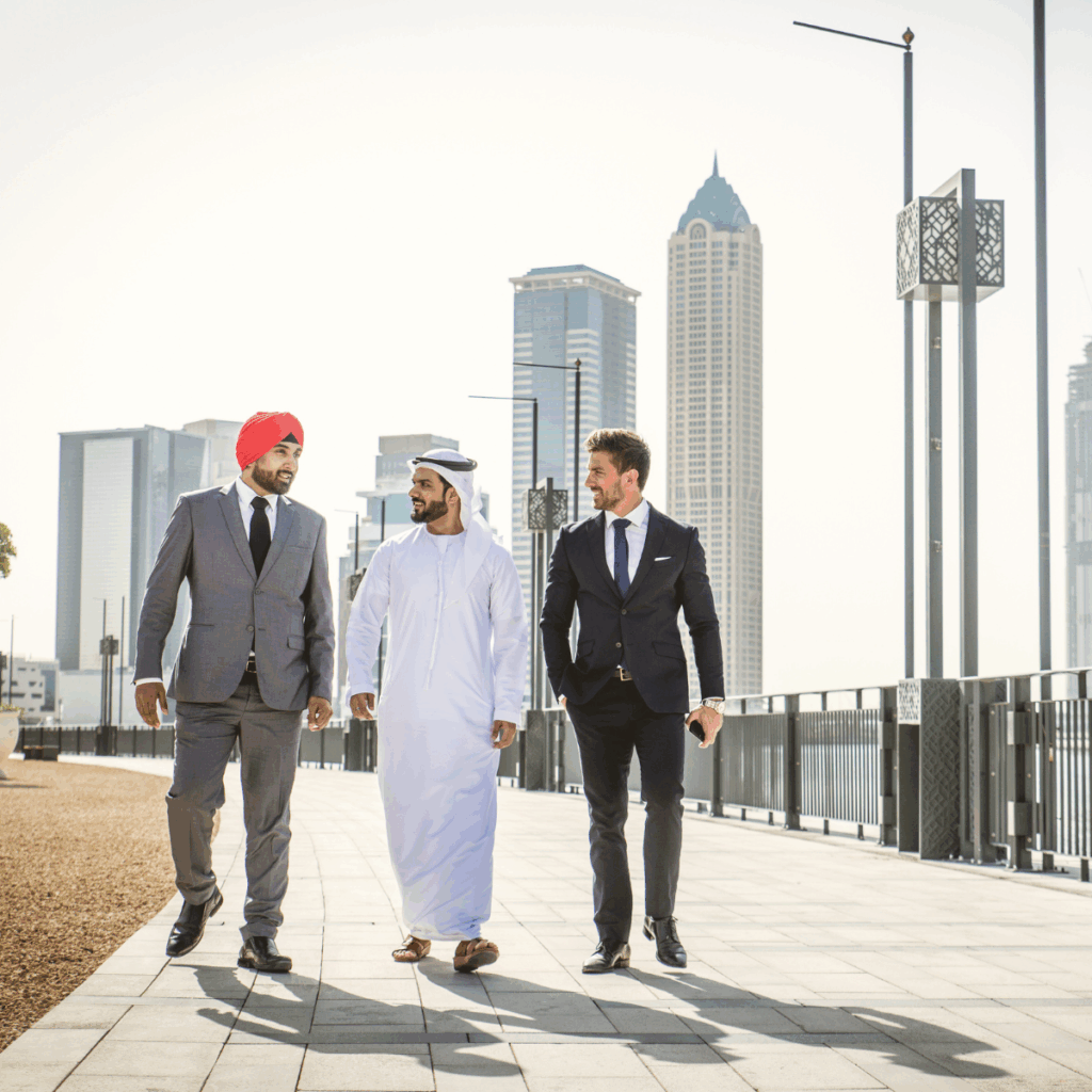 Business partners meeting at Gulfood Dubai trade fair, connecting global food supply chain markets