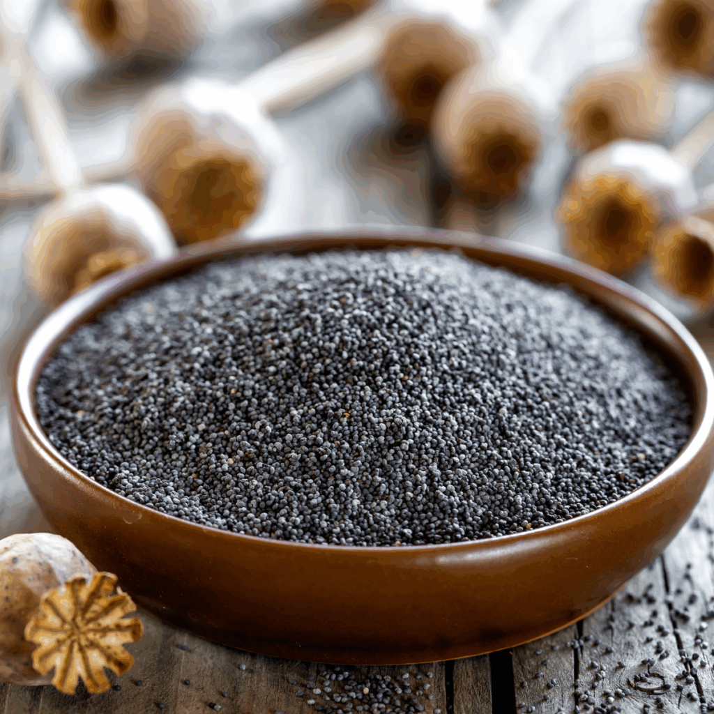 Food-grade blue poppy seeds in a bowl, used in bakery and food manufacturing