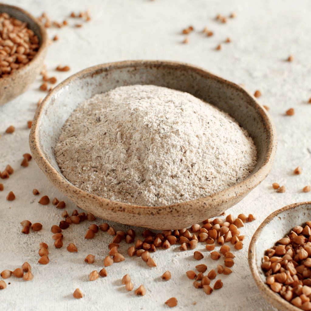 Toasted buckwheat flour used as a functional specialty flour in food manufacturing.