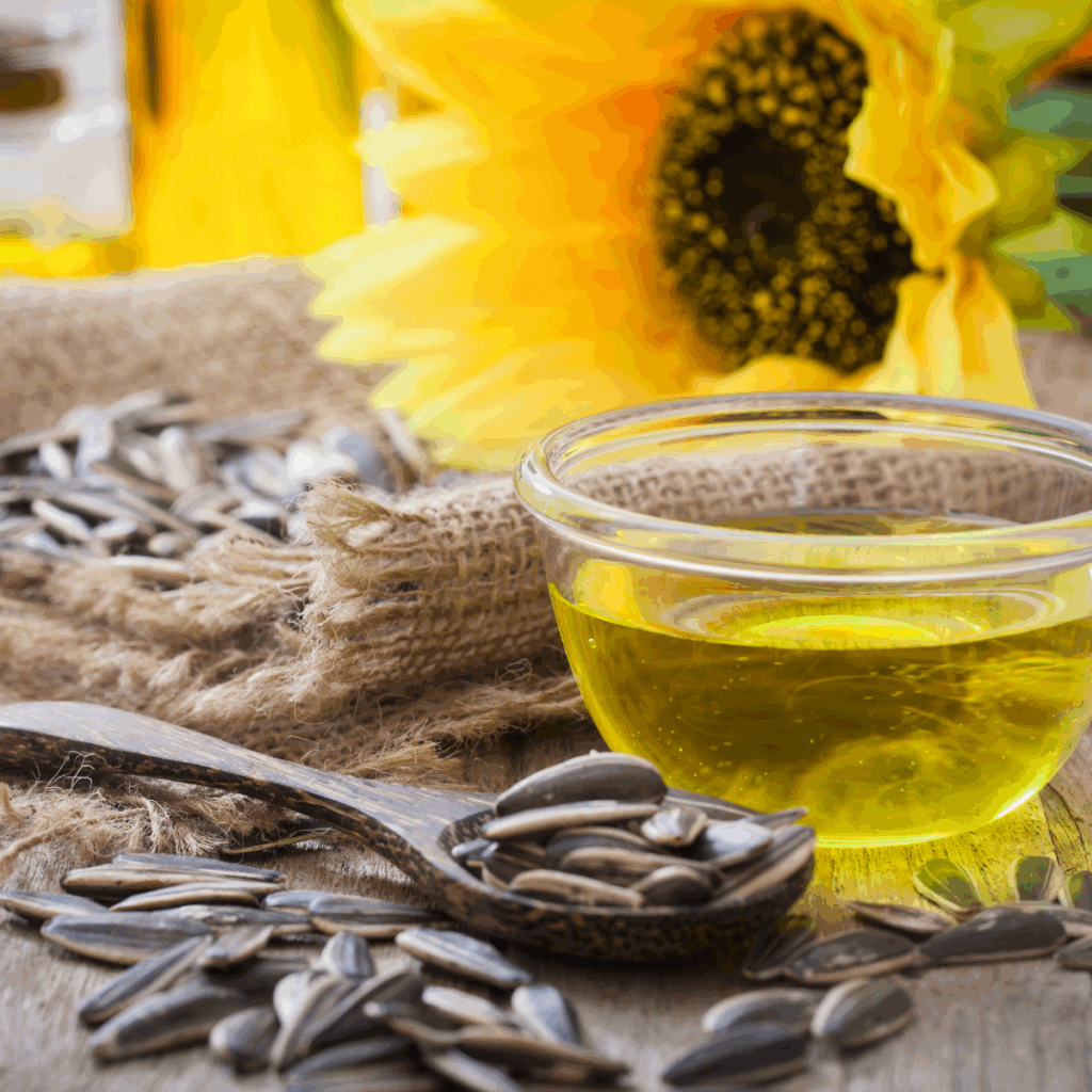 Cold pressed sunflower oil with sunflower seeds highlighting consistent quality and reliable sourcing.